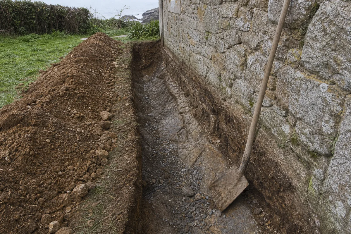 Tranchée de fondation périphérique creusée le long d&rsquo;un mur en granit dans un jardin breton