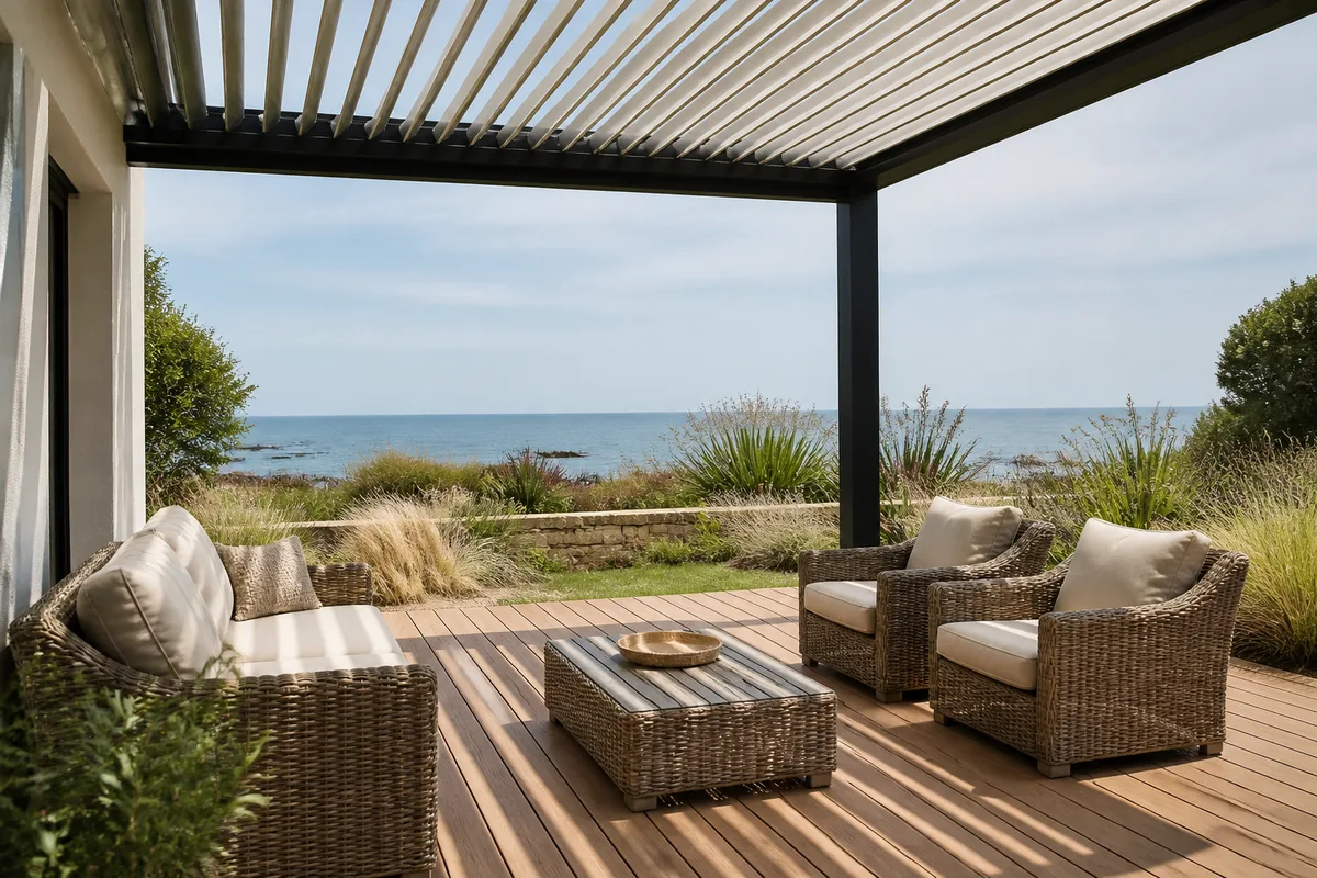 Terrasse abritée par une pergola à lames orientables ouverte sur un jardin en bord de mer breton