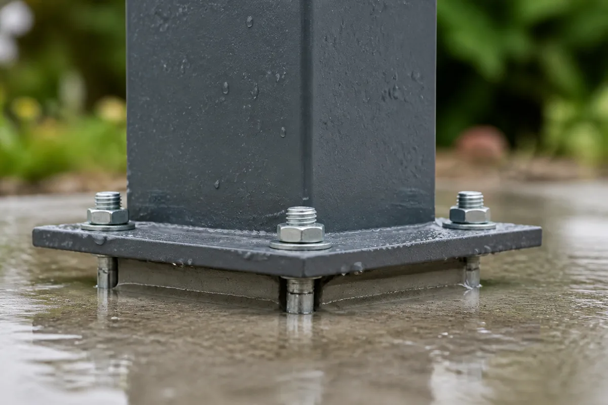 Poteau de pergola en aluminium fixé sur platine dans une dalle béton, gouttes de pluie sur la structure