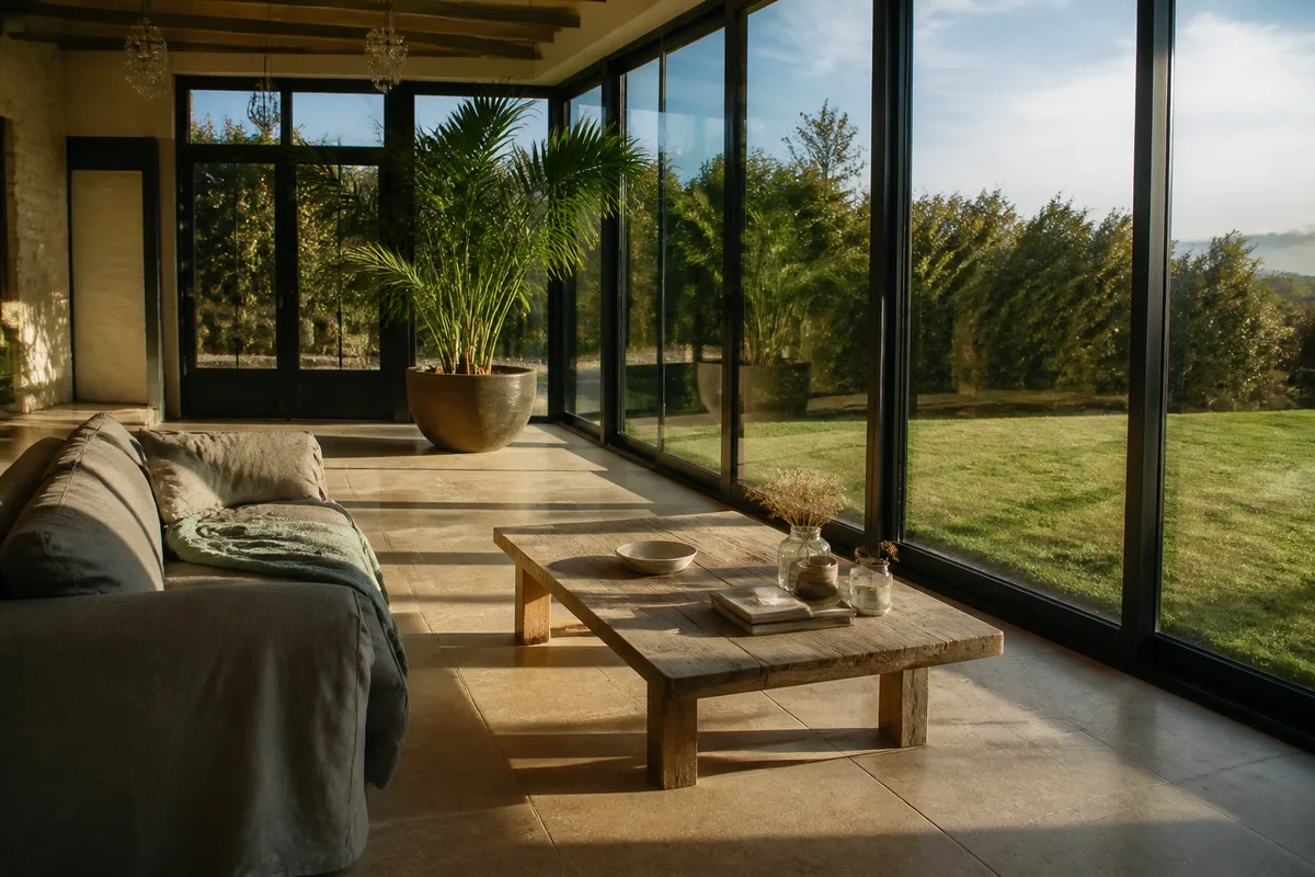Séjour vitré ouvert sur un jardin breton en fin de journée, mobilier sobre et lumière rasante