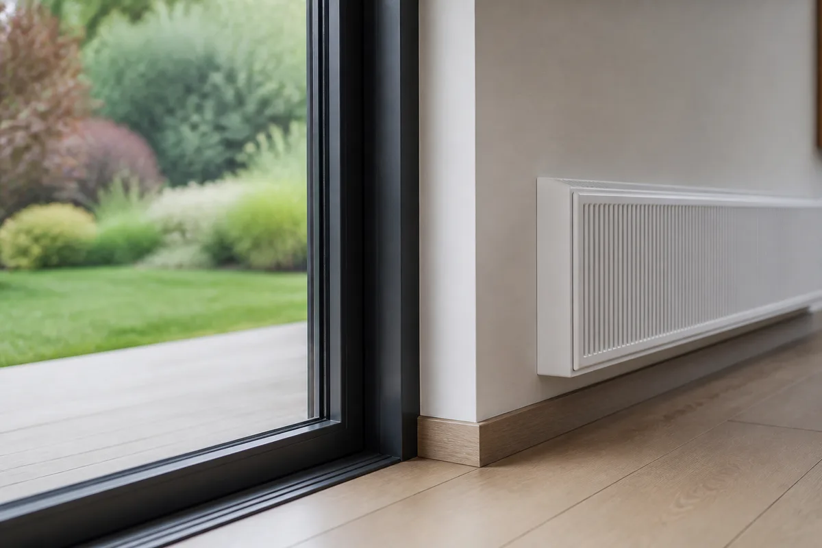 Radiateur bas installé le long d&rsquo;une paroi vitrée, vue rapprochée sur une menuiserie aluminium