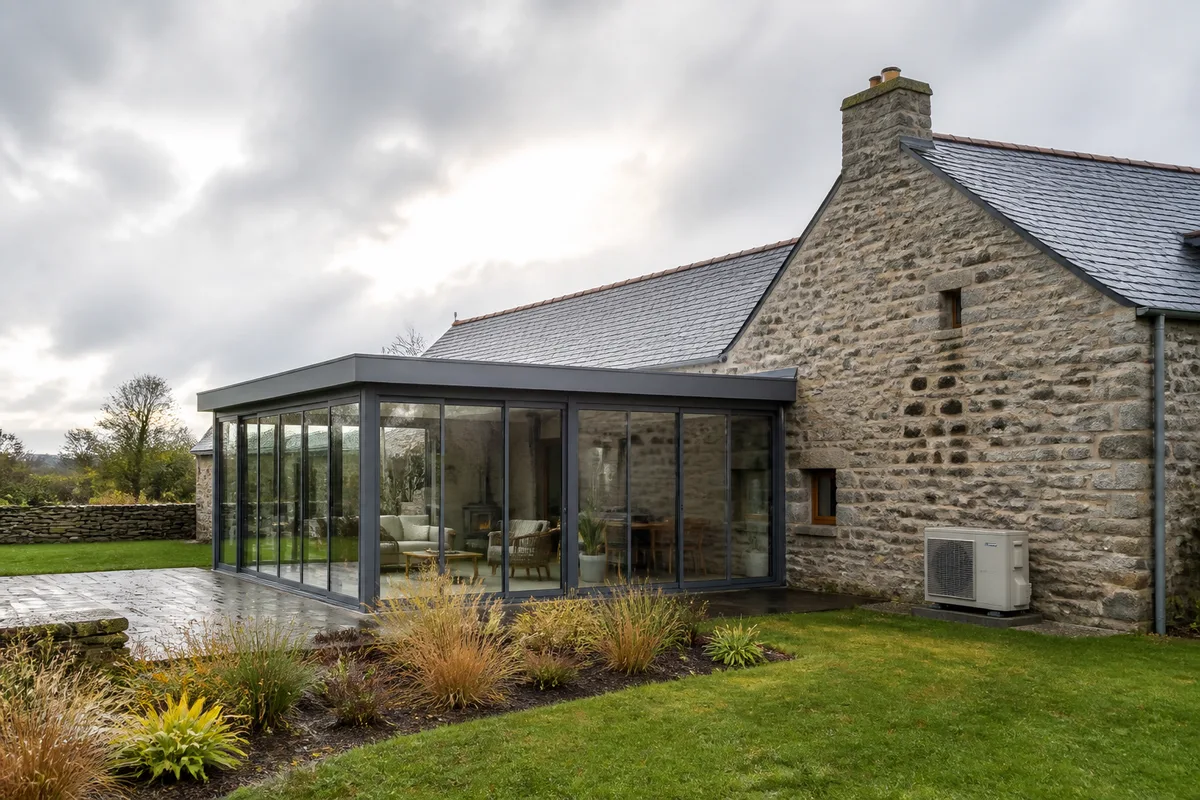 Vue extérieure d&rsquo;une extension vitrée adossée à une maison en granit sous un ciel gris breton