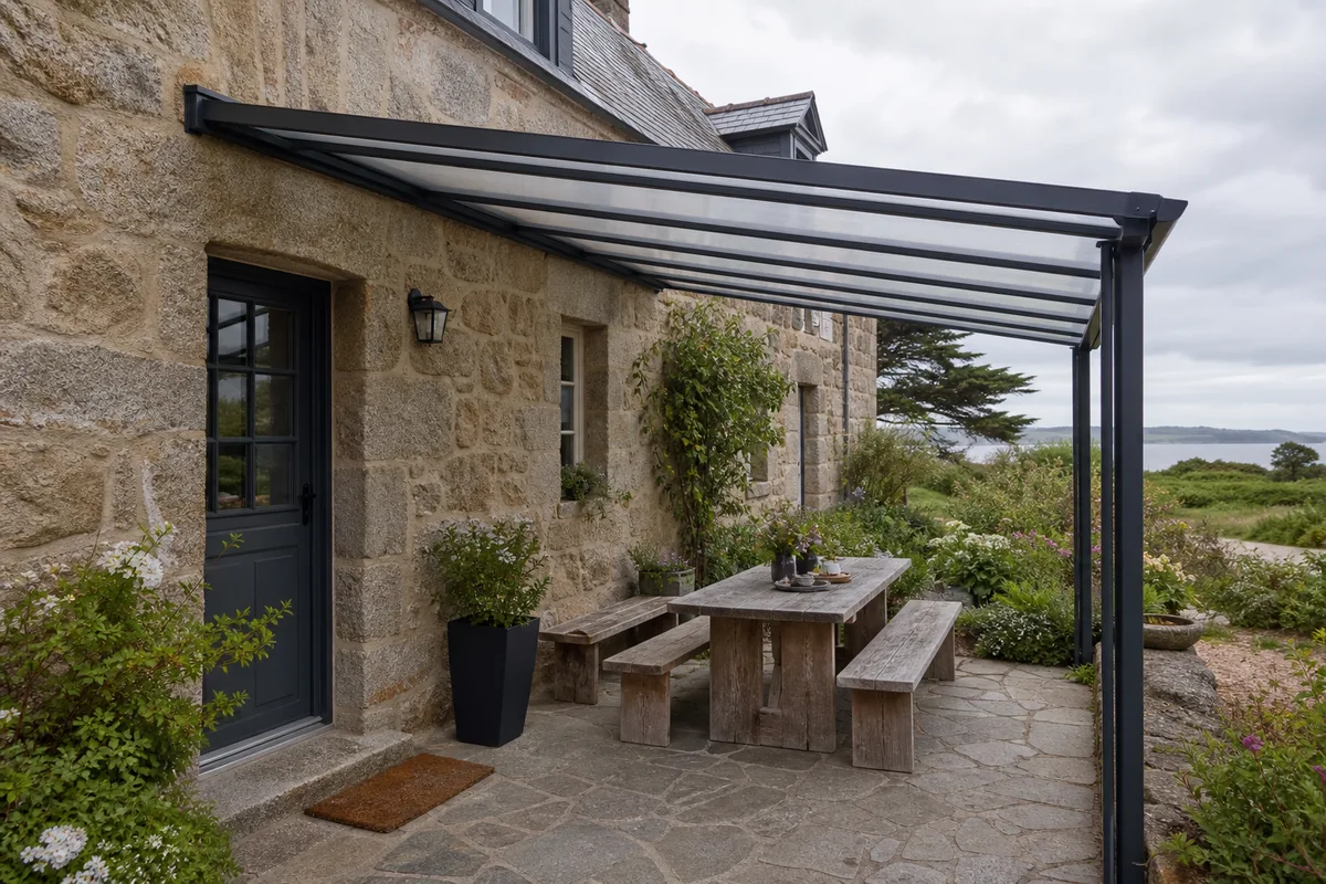 Préau en aluminium adossé à une maison en granit sur la côte d’Émeraude