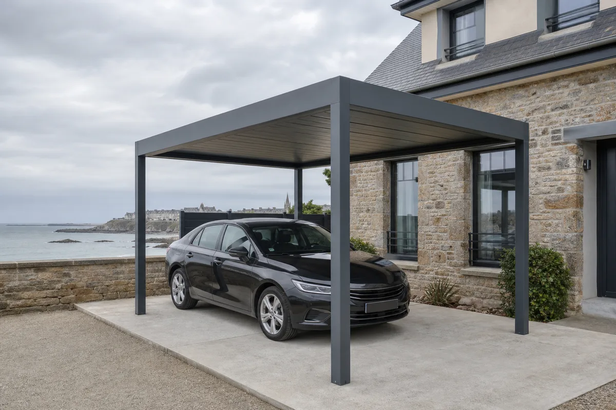 Carport en aluminium abritant une voiture devant une maison bretonne