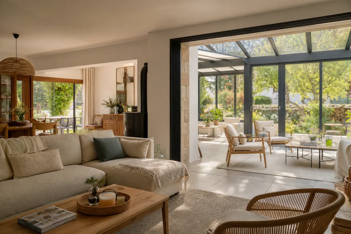 Extension véranda vitrée ouverte sur un salon, prolongeant une maison bretonne vers le jardin