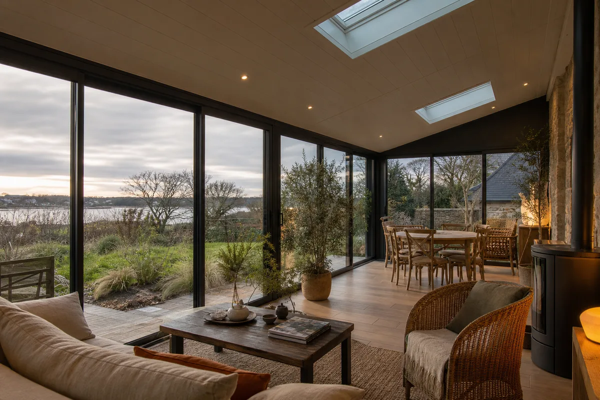 Extension véranda avec toiture isolée et plancher chauffant, pièce de vie confortable en hiver