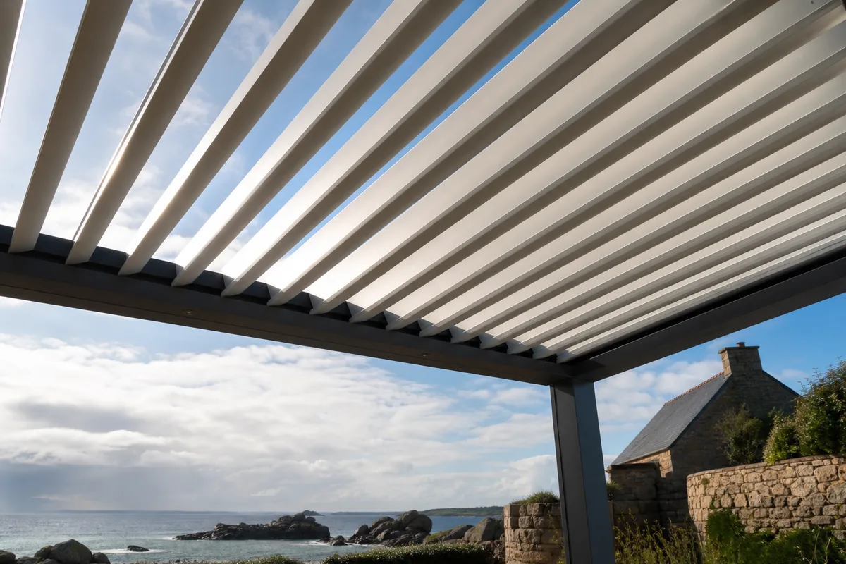 Pergola bioclimatique à lames orientables en aluminium sur une terrasse face à la mer près de Saint-Malo