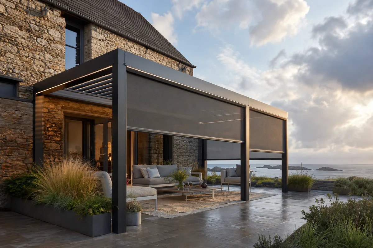 Pergola bioclimatique aluminium adossée à une maison en pierre de la région malouine, lames partiellement ouvertes sous ciel changeant