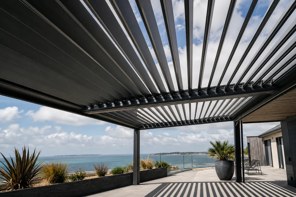 Pergola bioclimatique à lames orientables sur une terrasse face au jardin