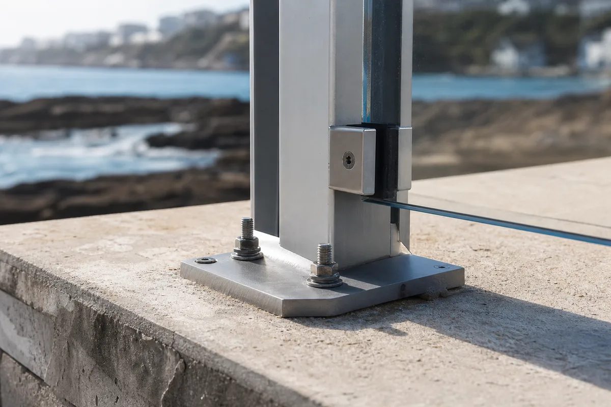Paroi de terrasse en verre transparent protégeant du vent, vue dégagée sur la mer de la côte d&rsquo;Emeraude