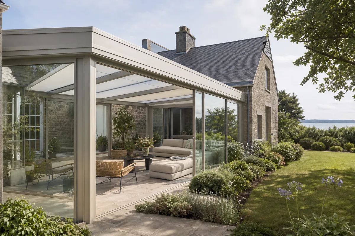 Véranda aluminium contemporaine adossée à une maison en granit près de Saint-Malo sous lumière marine