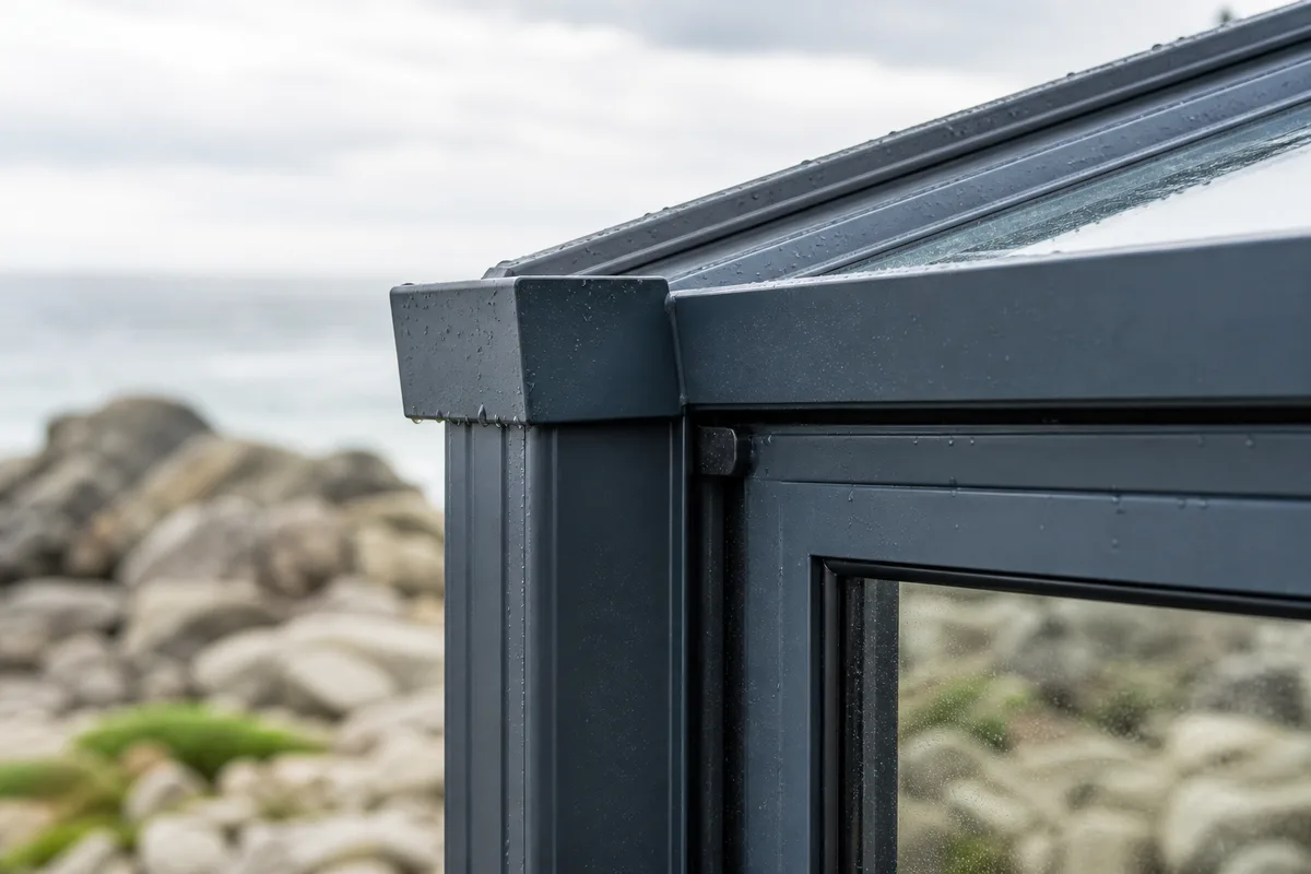 Détail de profilés aluminium et joints d&rsquo;étanchéité d&rsquo;une véranda face aux embruns de la côte d&rsquo;Émeraude