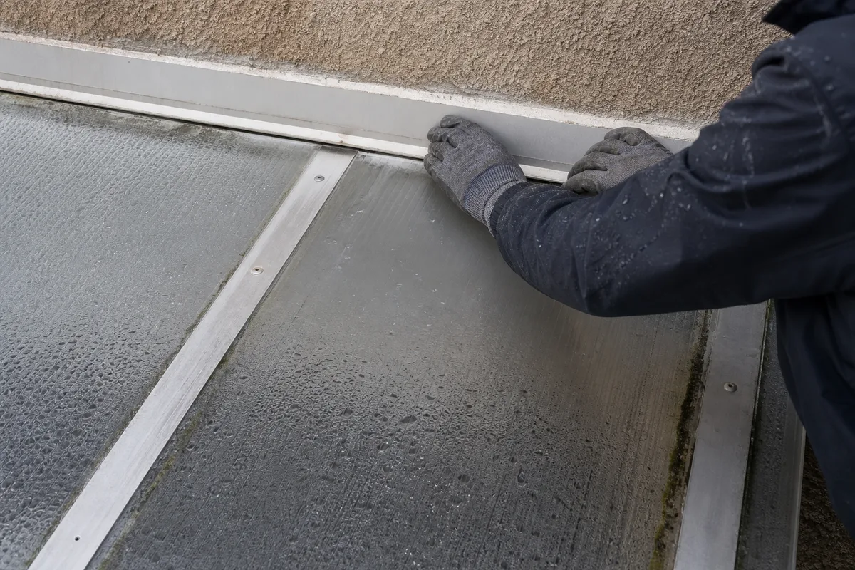 Toit de véranda en polycarbonate inspecté pour une reprise d&rsquo;étanchéité