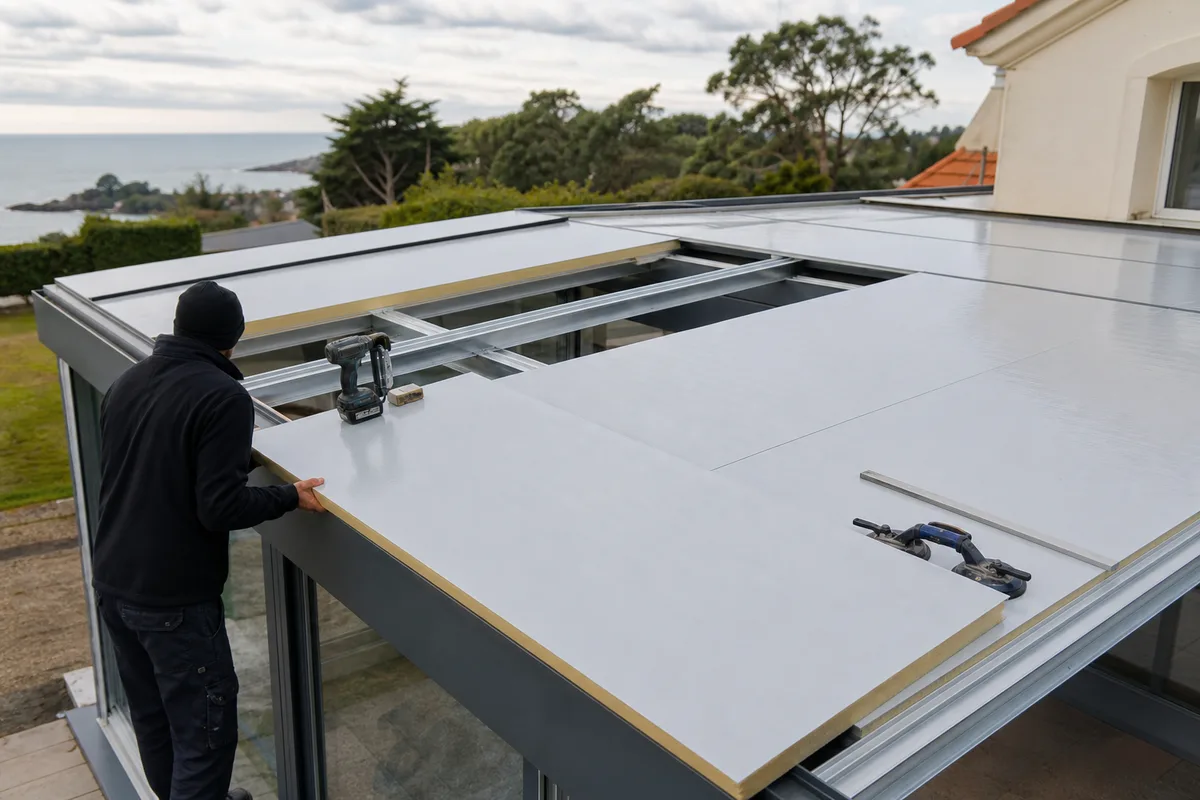 Pose de panneaux de toiture isolés sur une ossature de véranda en aluminium, chantier soigné
