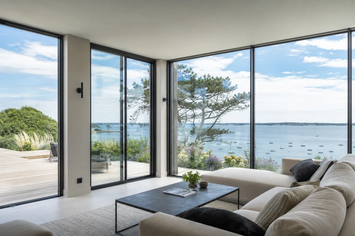 Véranda aluminium moderne aux profilés fins et larges vitrages, lumière marine de la côte d’Emeraude