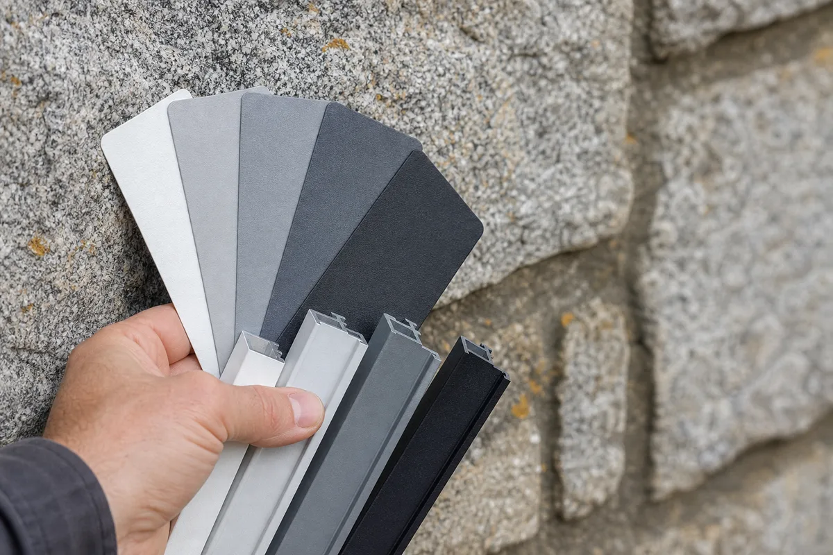 Nuancier de profilés aluminium thermolaqués aux teintes sobres devant une façade en granit breton