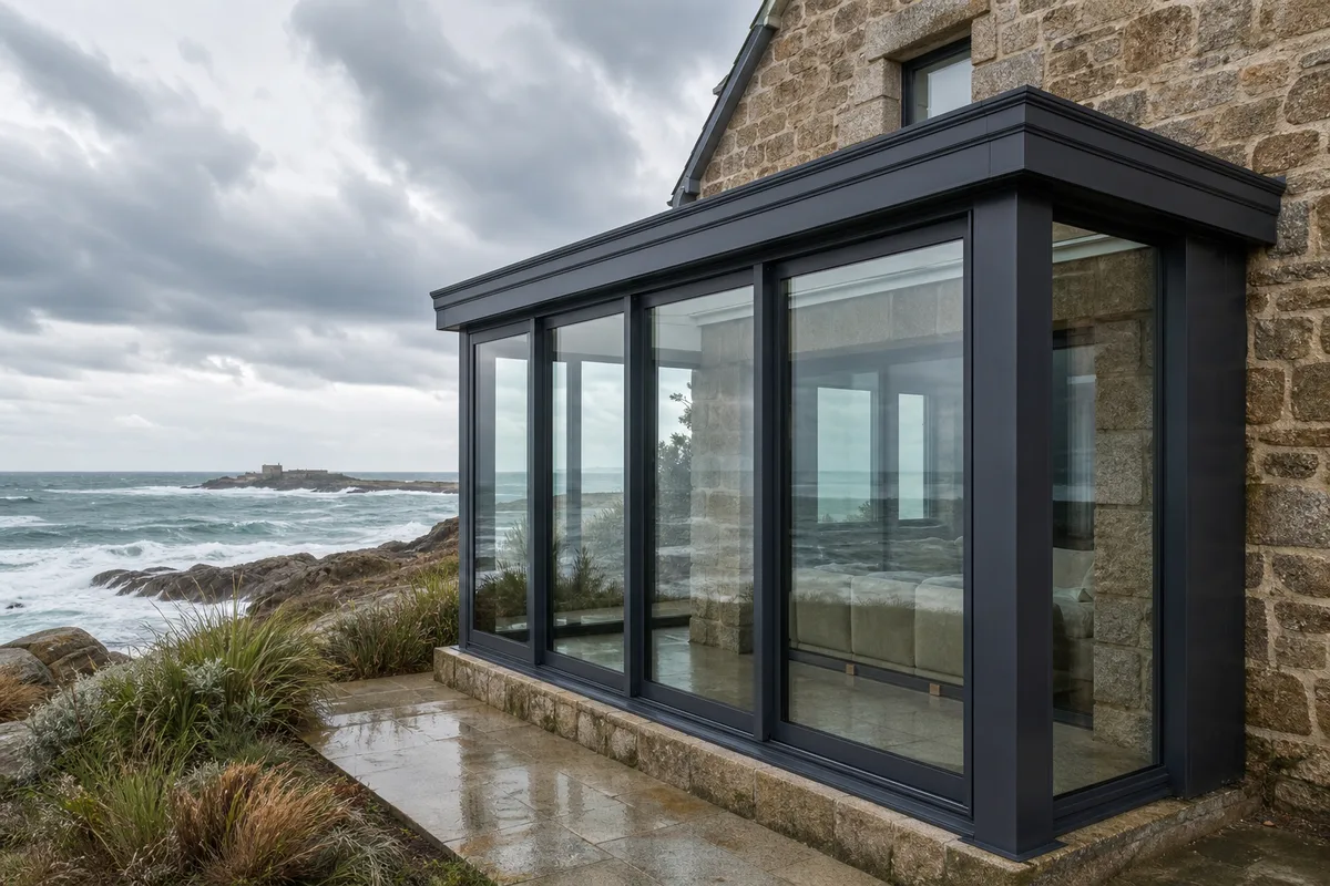 Véranda en aluminium gris anthracite adossée à une maison en granit face à la mer, sous un ciel de la côte d’Emeraude