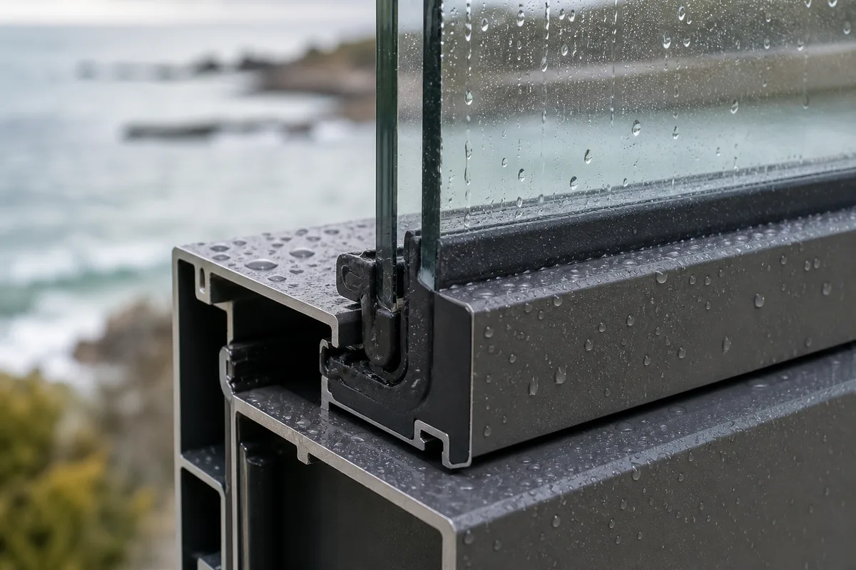 Détail d’un profilé aluminium avec joints et double vitrage, rinçage à l’eau claire contre le sel marin