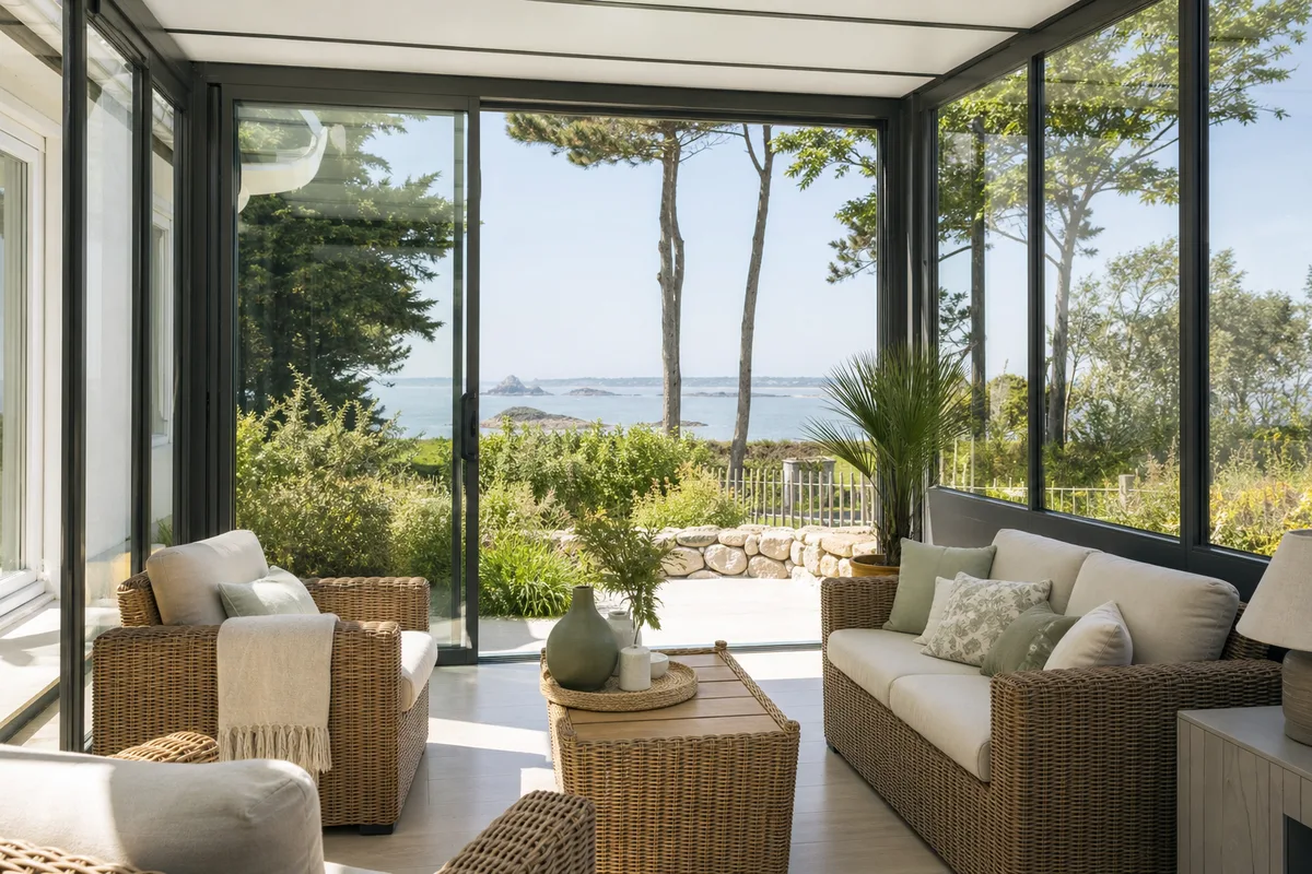 Véranda en aluminium ouverte sur un jardin face à la mer près de Saint-Malo